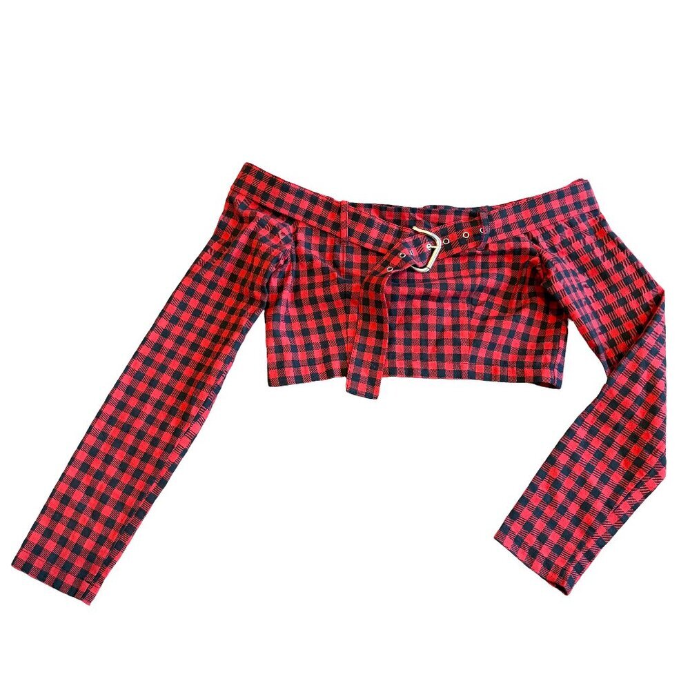 Milk It Urban Outfitters Black Red Check Shirt Crop Top Long Sleeve Belt XS NWT